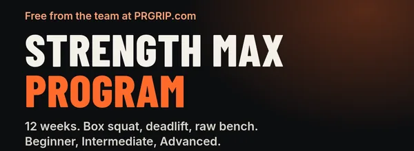 Strength Max Program cover: 12 weeks of box squat, deadlift and raw bench, Beginner, Intermediate and Advanced